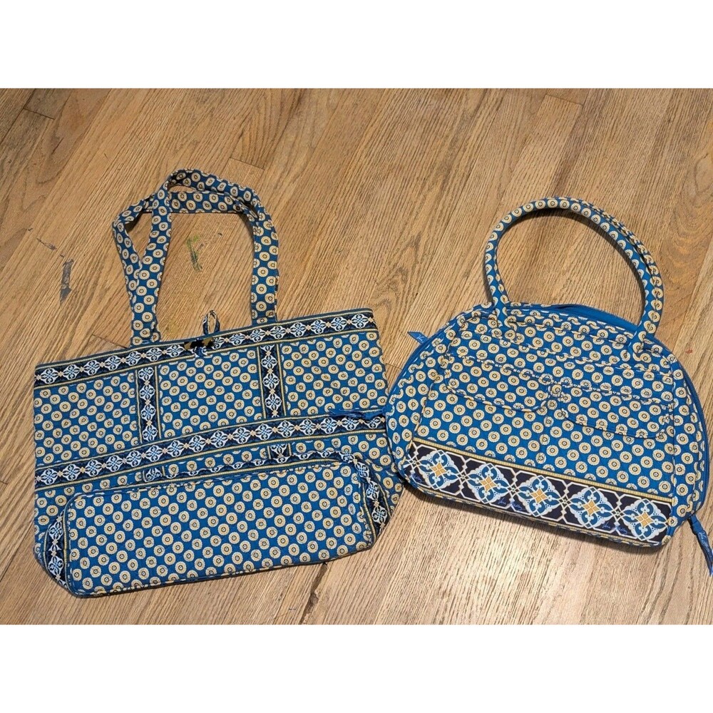 2 PIECE LOT Vera Bradley Riviera Blue Toggle Tote Cotton Lining QuiltedRetired